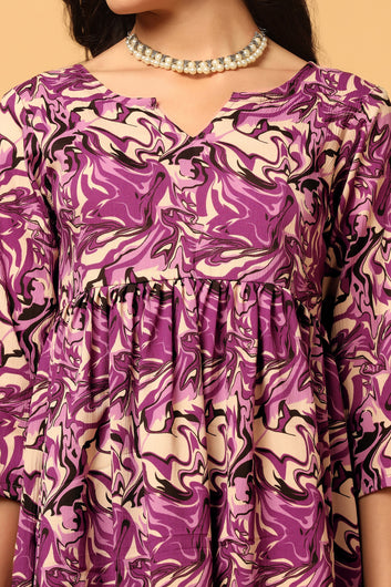 Women's Purple Abstract Print Peplum Style Tunic Top