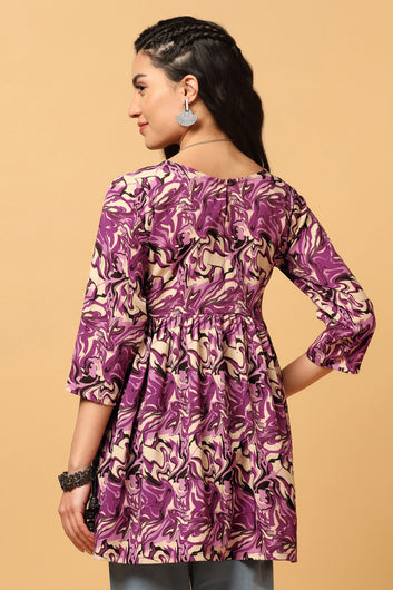 Women's Purple Abstract Print Peplum Style Tunic Top
