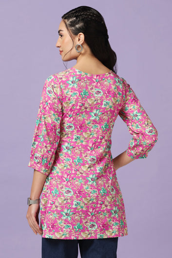Women's Pink Floral Print Straight Style Tunic Top