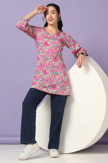 Women's Pink Floral Print Straight Style Tunic Top