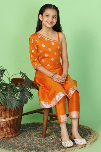 Girl's Orange Taffeta High Low Kurta And Pant Suit Set