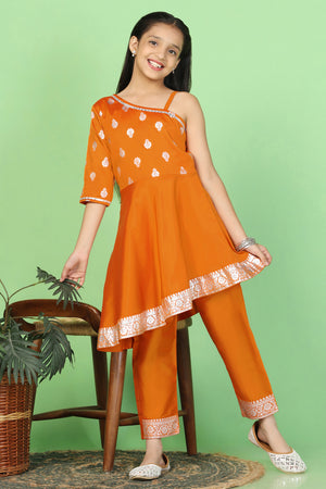 Girl's Orange Taffeta High Low Kurta And Pant Suit Set
