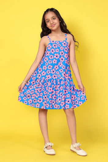 Baby Girl’s Blue Floral Printed Summer Tiered Dress
