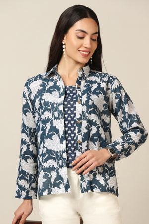 Women's Blue Cotton Floral Printed Shirt with Spaghetti Top