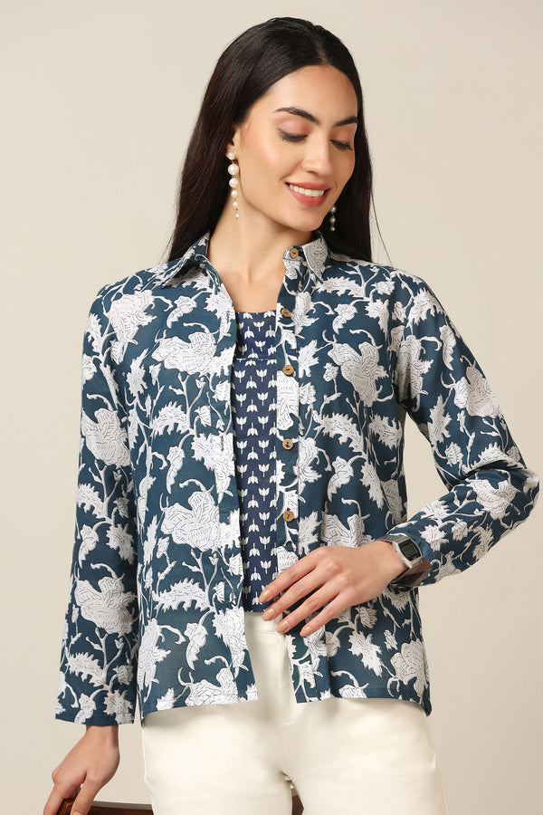 Women's Blue Cotton Floral Printed Shirt with Spaghetti Top
