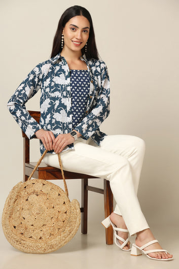 Women's Blue Cotton Floral Printed Shirt with Spaghetti Top