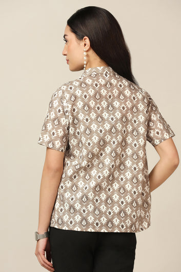 Women's Light Grey Cotton Block Print Shirt with Spaghetti Top