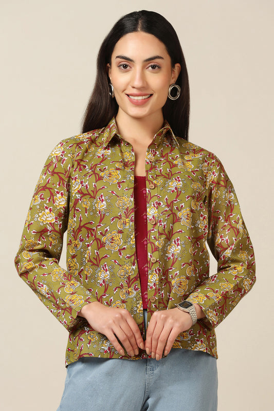 Women's Olive Cotton Floral Print Shirt with Spaghetti Top