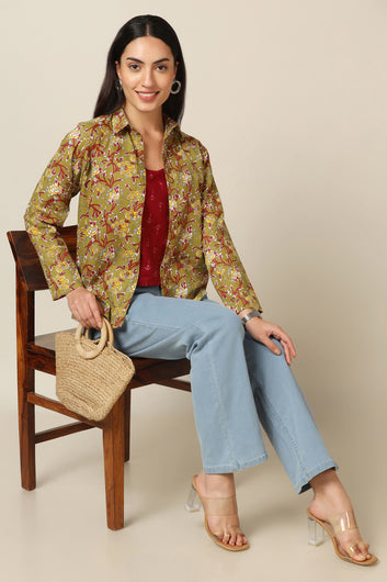 Women's Olive Cotton Floral Print Shirt with Spaghetti Top