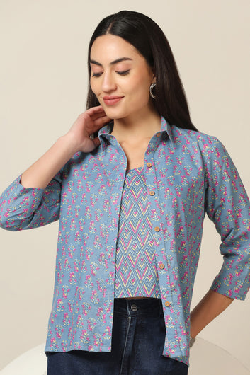 Women's Sky Cotton Floral Print Shirt with Spaghetti Top