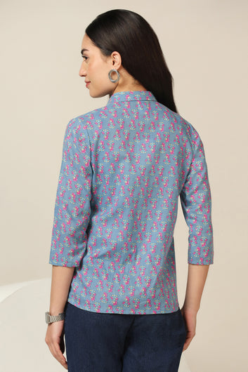 Women's Sky Cotton Floral Print Shirt with Spaghetti Top