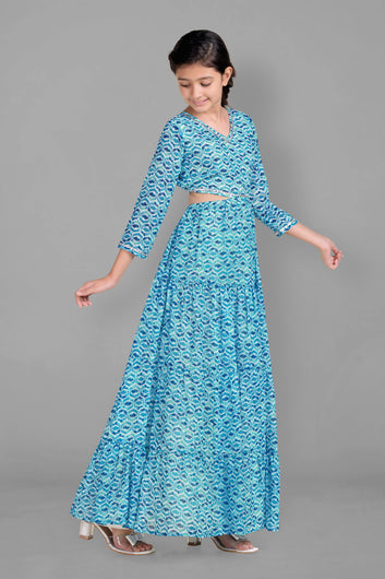 Girls Blue Georgette Ethnic Motif Printed Tiered Maxi Dress