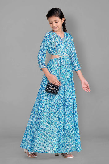 Girls Blue Georgette Ethnic Motif Printed Tiered Maxi Dress