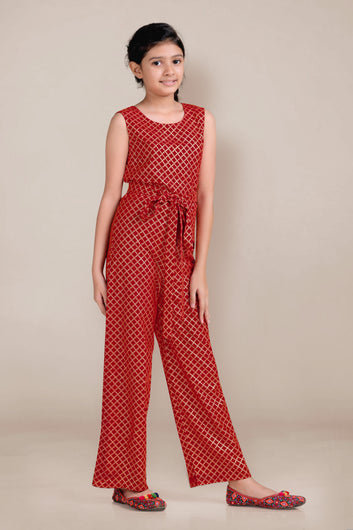 Girls Red Georgette Foil Printed Jumpsuit