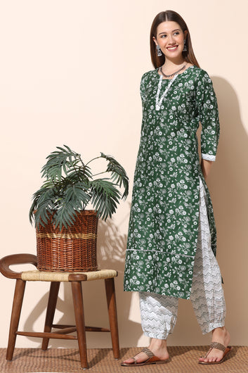 Women's Green Floral Printed Cotton Kurta And Salwar Set