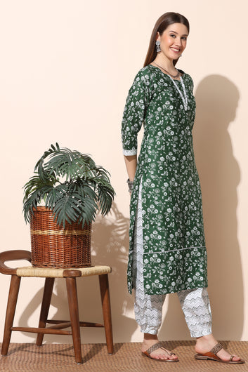 Women's Green Floral Printed Cotton Kurta And Salwar Set