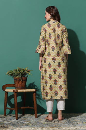 Women's Beige Cotton Floral Printed Kurta With Pant Set