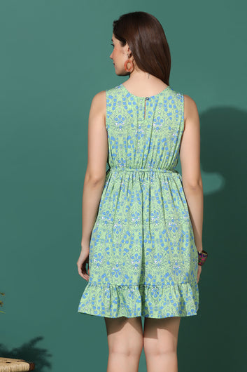 Women’s Light Green Floral Printed Ruffle Mini Dress