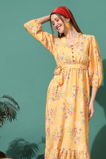 Women’s Yellow Floral Printed Tiered Maxi Dress