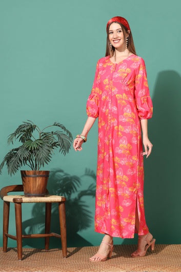 Women’s Pink Floral Printed Slit Dress