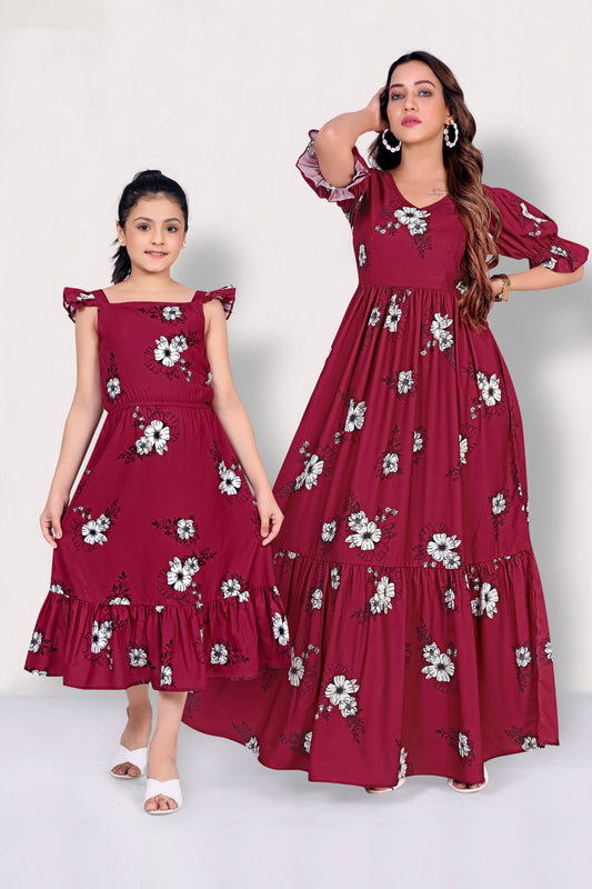 Maroon Floral Printed Mother-Daughter Dress Set