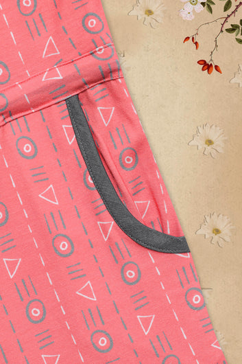 Girl’s Casual Peach Cotton Lycra Geometric Print Capri Jumpsuit