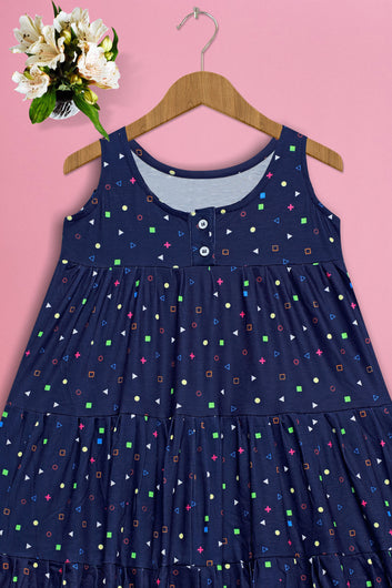 Girl’s Cotton Lycra Navy Blue Knee Length Tiered Dresses
