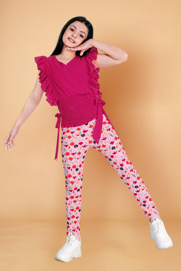 Girl’s Pink Georgette Top with Floral printed Jagging’s Apparel Combo Set