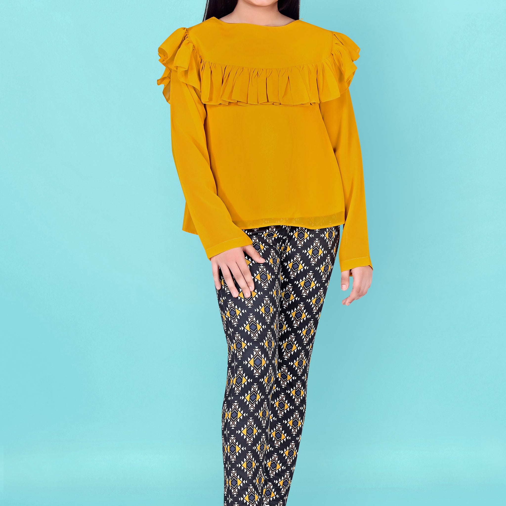 Girl’s Yellow Georgette Top with Geometric printed Jagging’s Apparel Combo Set