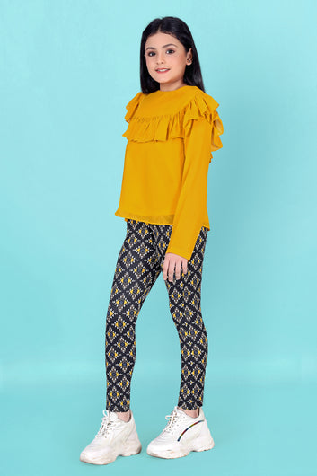 Girl’s Yellow Georgette Top with Geometric printed Jagging’s Apparel Combo Set