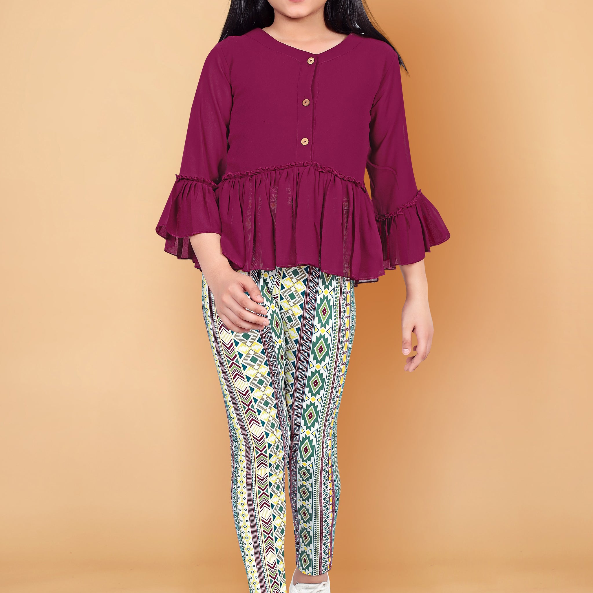 Girl’s Maroon Georgette Top with Geometric printed Jagging’s Apparel Combo Set