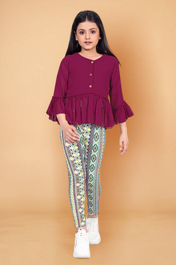 Girl’s Maroon Georgette Top with Geometric printed Jagging’s Apparel Combo Set
