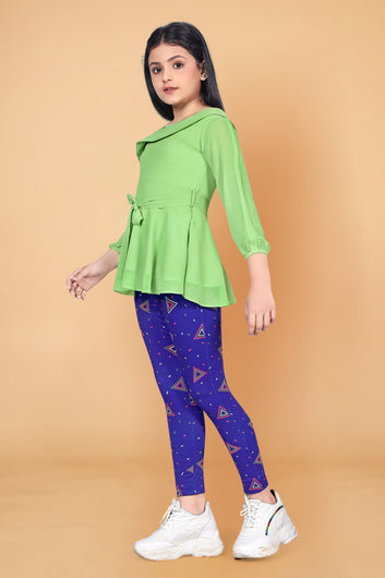 Girl’s Pista Solid Georgette Top with Geometric printed Jagging’s Apparel Combo Set