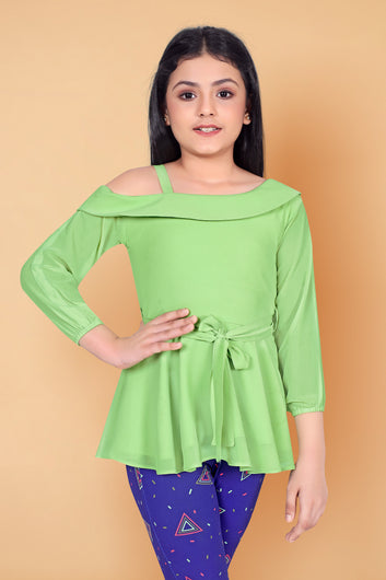 Girl’s Pista Solid Georgette Top with Geometric printed Jagging’s Apparel Combo Set
