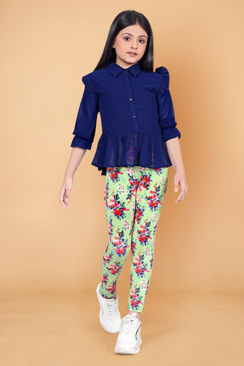 Girl’s Navy Blue Peplum Georgette Top with Floral printed Jagging’s Apparel Combo Set