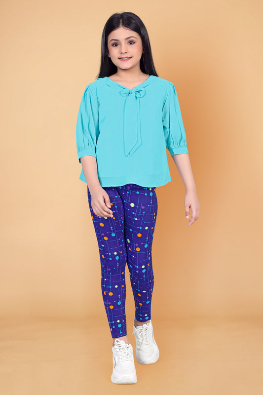 Girl’s Sky Blue Solid Georgette Top with Colorful Dot printed Jagging’s Apparel Combo Set