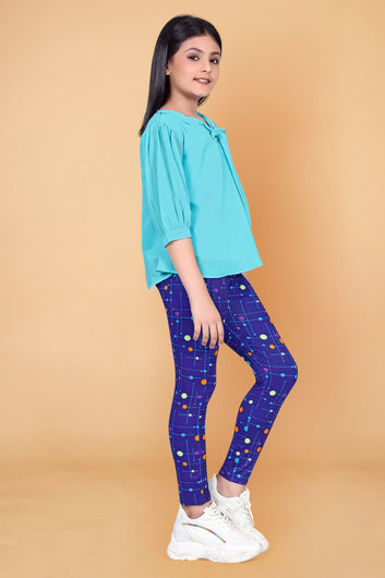 Girl’s Sky Blue Solid Georgette Top with Colorful Dot printed Jagging’s Apparel Combo Set