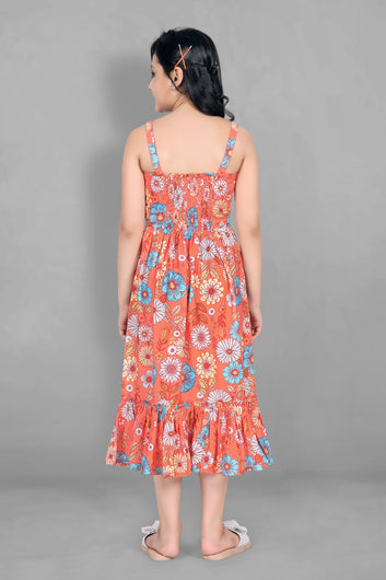 Girls Orange Crepe Calf Length A-Line Dresses