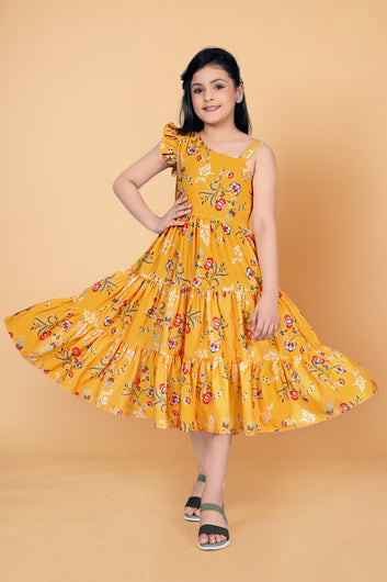 Girl’s Yellow American Crepe Calf Length Tiered Dresses
