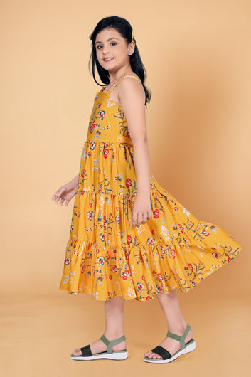 Girl’s Yellow American Crepe Calf Length Tiered Dresses