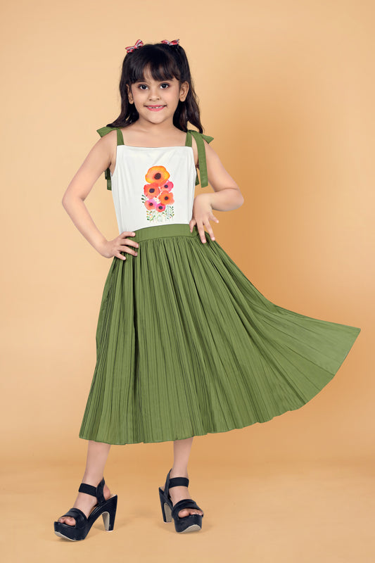 Girl’s Olive Lycra Georgette Knee Length Dresses