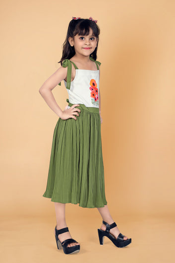 Girl’s Olive Lycra Georgette Knee Length Dresses