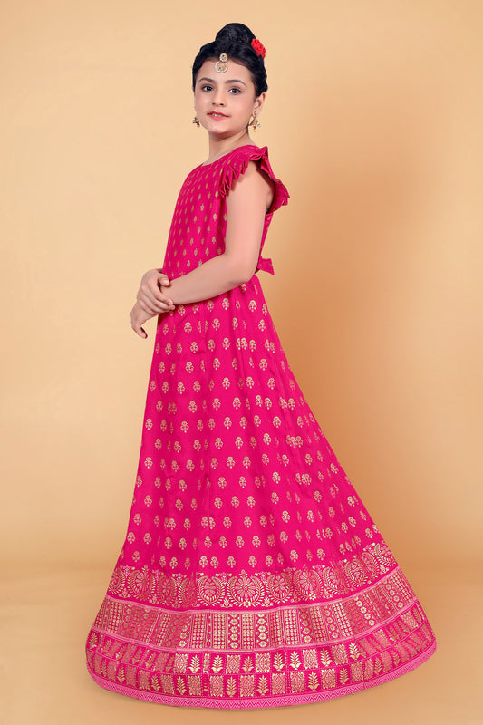 Girl’s Pink Crepe Silk Maxi Length Foil Printed Dresses