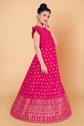 Girl’s Pink Crepe Silk Maxi Length Foil Printed Dresses
