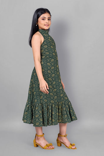 Girl’s Dark Green Cotton Calf Length Ruffle Dress