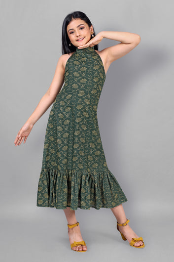 Girl’s Dark Green Cotton Calf Length Ruffle Dress