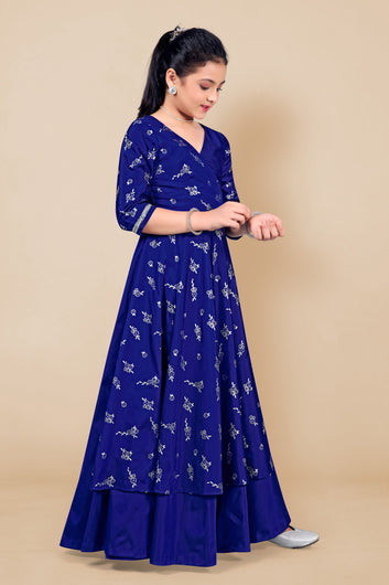 Girls Blue Taffeta Maxi Length Foil Printed Dresses