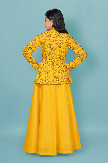 Girls Yellow Solid Maxi Dress With Attached Foil Printed Shrug