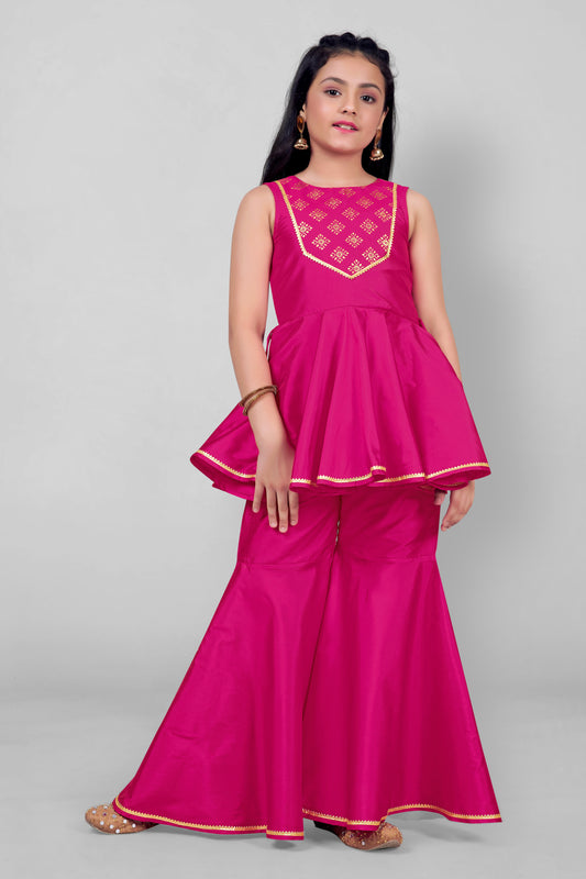 Girl’s Taffeta Foil Pattern Top And  Solid Sharara Clothing Set