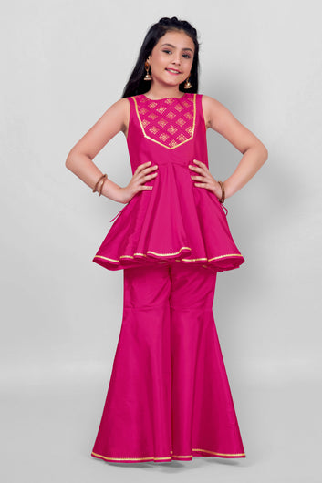Girl’s Taffeta Foil Pattern Top And  Solid Sharara Clothing Set